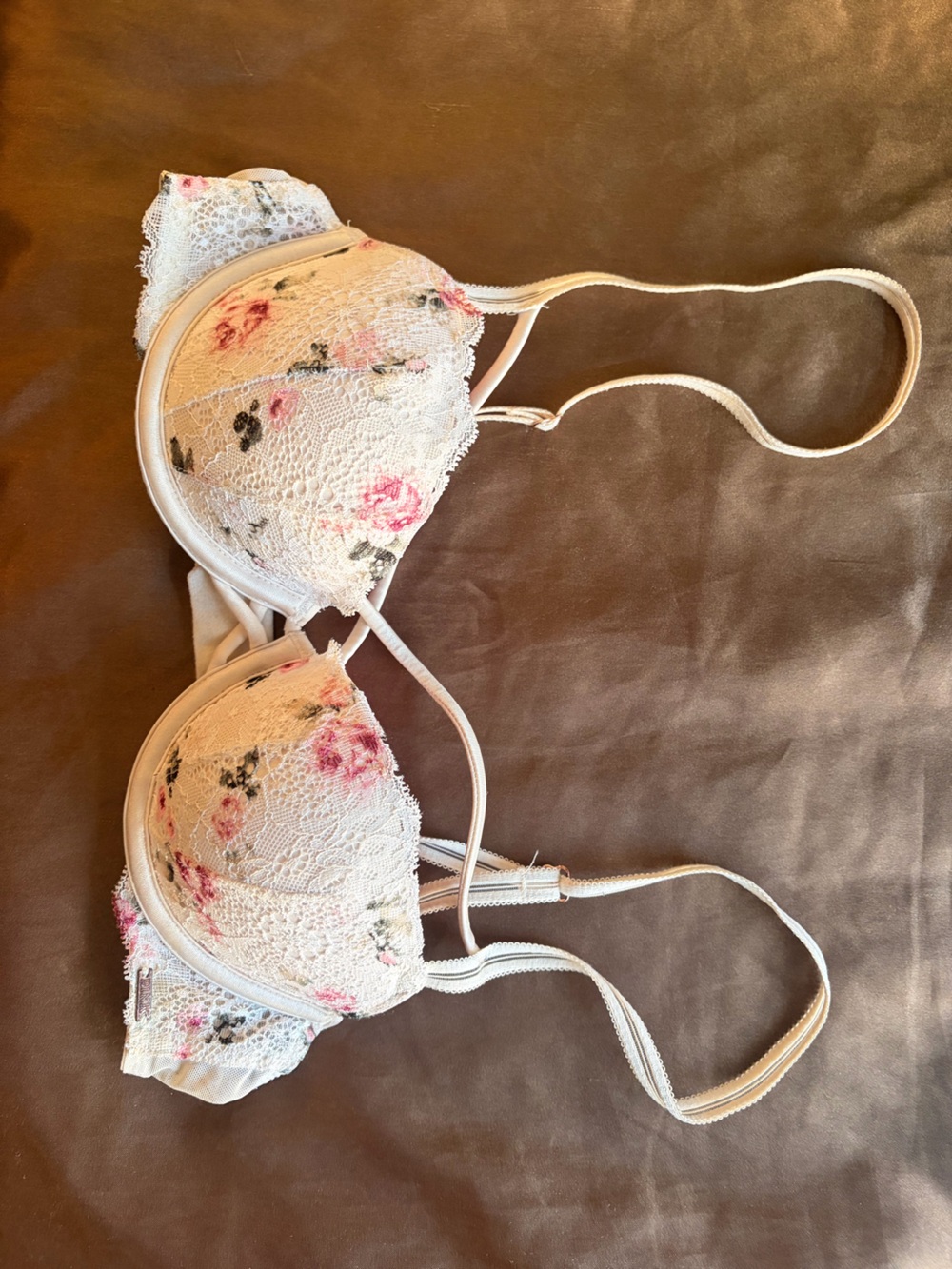 PINK Victoria's Secret White Lace Push-Up Bra with Pink Floral Print